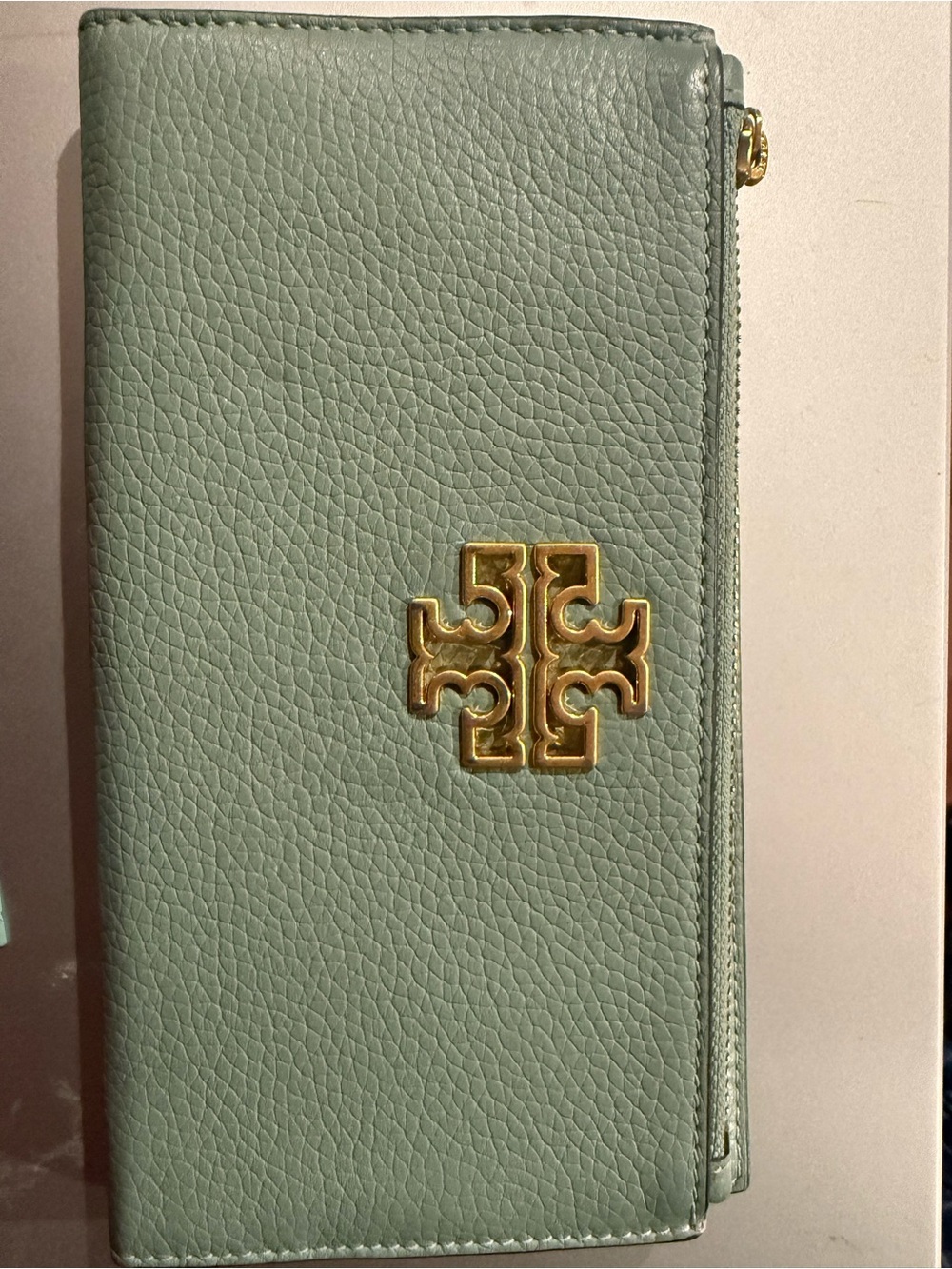 Tory Burch Sage Green Pebbled Leather Zip Continental Wallet with Gold Logo